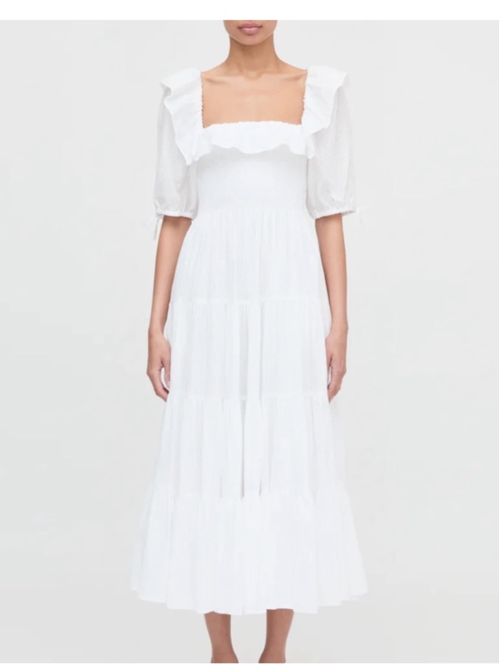 Hill House White Ruffle-Square Neck Tiered Midi Dress